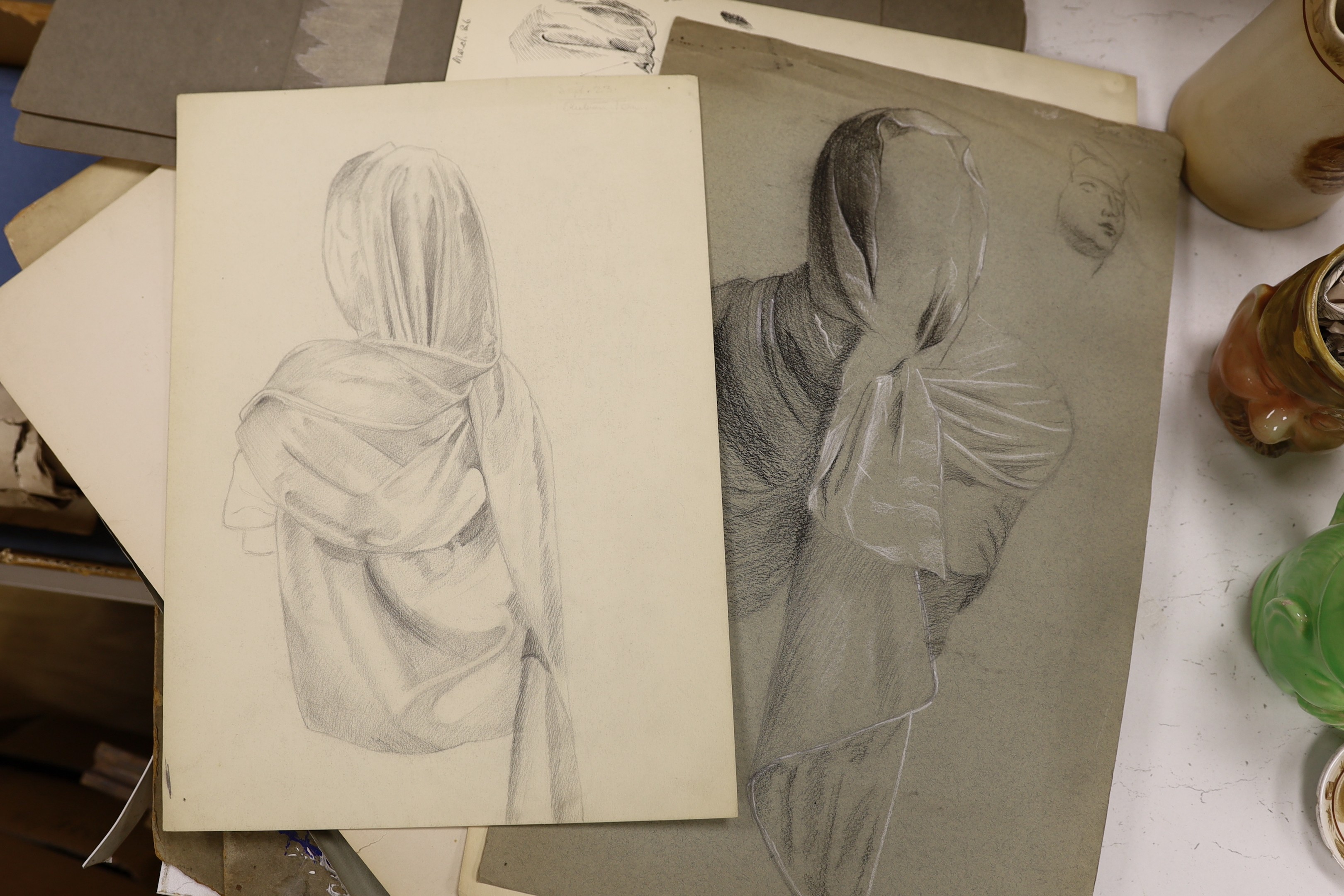 A collection of 18th century and later engravings, various subjects including botany, together with a folio of drawings, mostly art school figure studies from the 1950's
